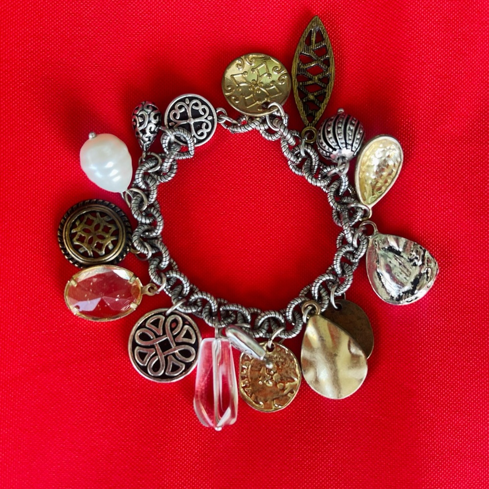 Chico's Two-Tone Charm Bracelet with Clear Crystal and Pearl Accents